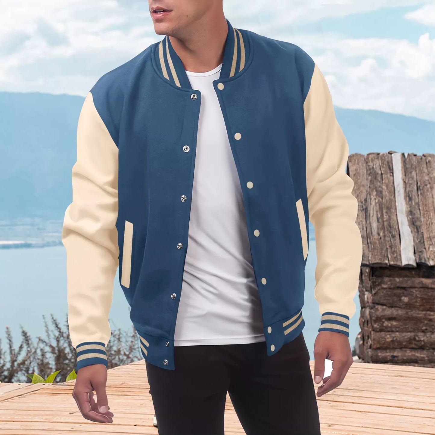 Men’s Varsity Jacket – Wool Blend – Faux Leather Sleeves – Relaxed Fit – Snap Closure