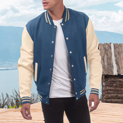Men’s Varsity Jacket – Wool Blend – Faux Leather Sleeves – Relaxed Fit – Snap Closure