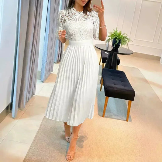 Women’s Midi A-Line Dress – Lace Bodice – Pleated Skirt – Puff Sleeves – Elegant Fit