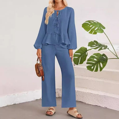 Women’s Two-Piece Set – V-Neck Tie-Bow Top – High-Waist Wide-Leg Pants – Relaxed Fit