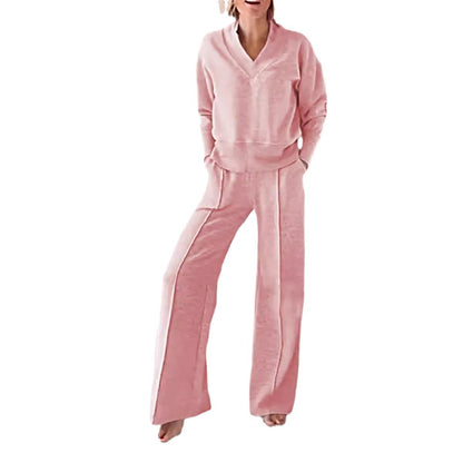 Women’s Two-Piece Set – V-Neck Long Sleeve Top – High Waist Wide-Leg Pants – Knit Fabric