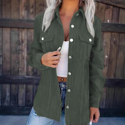 Women’s Shirt Jacket – Corduroy – Relaxed Fit – Button Front – Hip Length – Casual Layering