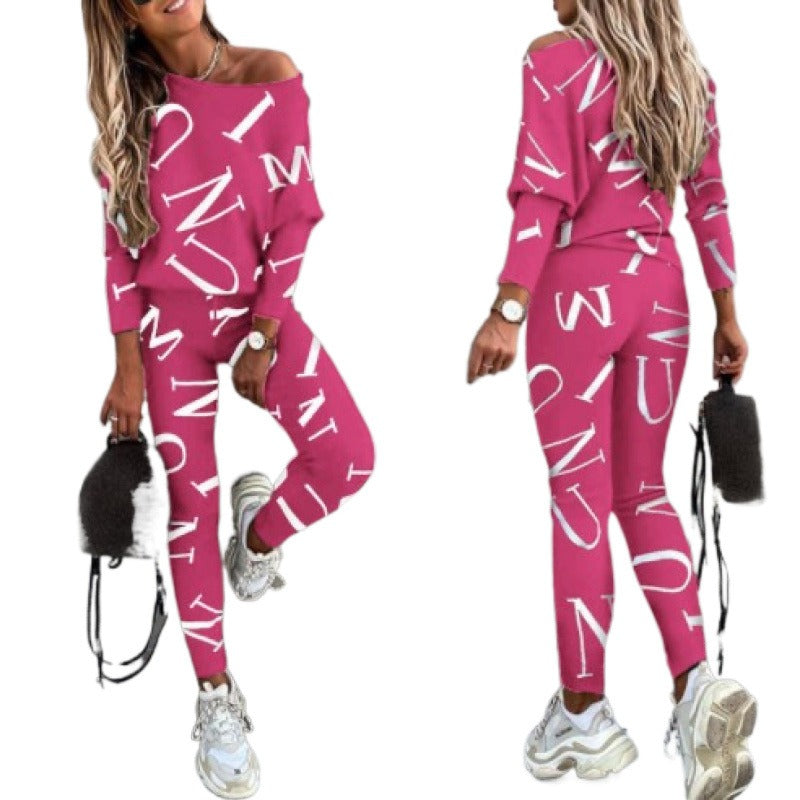 Women’s Casual Set – Off Shoulder Top – Slim Fit Pants – Cotton Blend – Stretch Fit