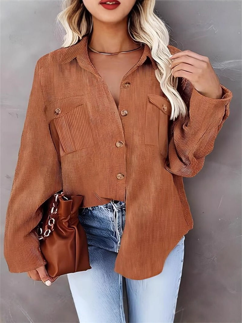 Women’s Corduroy Coat – Loose Fit – Button Front – Long Sleeve Casual Style