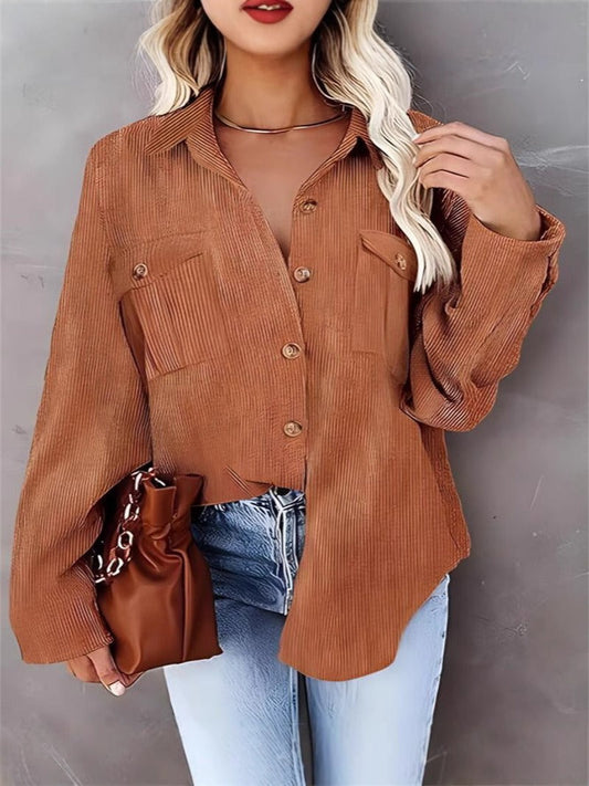 Women’s Corduroy Coat – Loose Fit – Button Front – Long Sleeve Casual Style