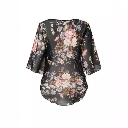 Women’s Blouse – Sheer Chiffon – Relaxed Fit – Floral Print – Flutter Sleeves