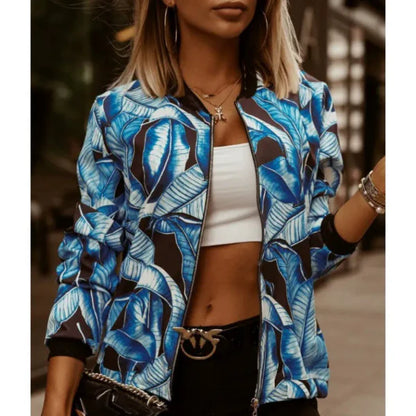 Women’s Cropped Jacket – Slim Fit – Bold Leaf Print – Zip Front – Ribbed Trim