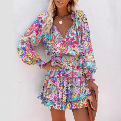 Women’s Mini Dress – A-Line Fit – Silk Feel – Long Sleeve – Printed Ruffle Hem