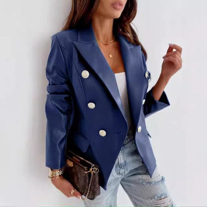 Women’s Blazer – Faux Leather – Double-Breasted – Tailored Fit – Long Sleeve