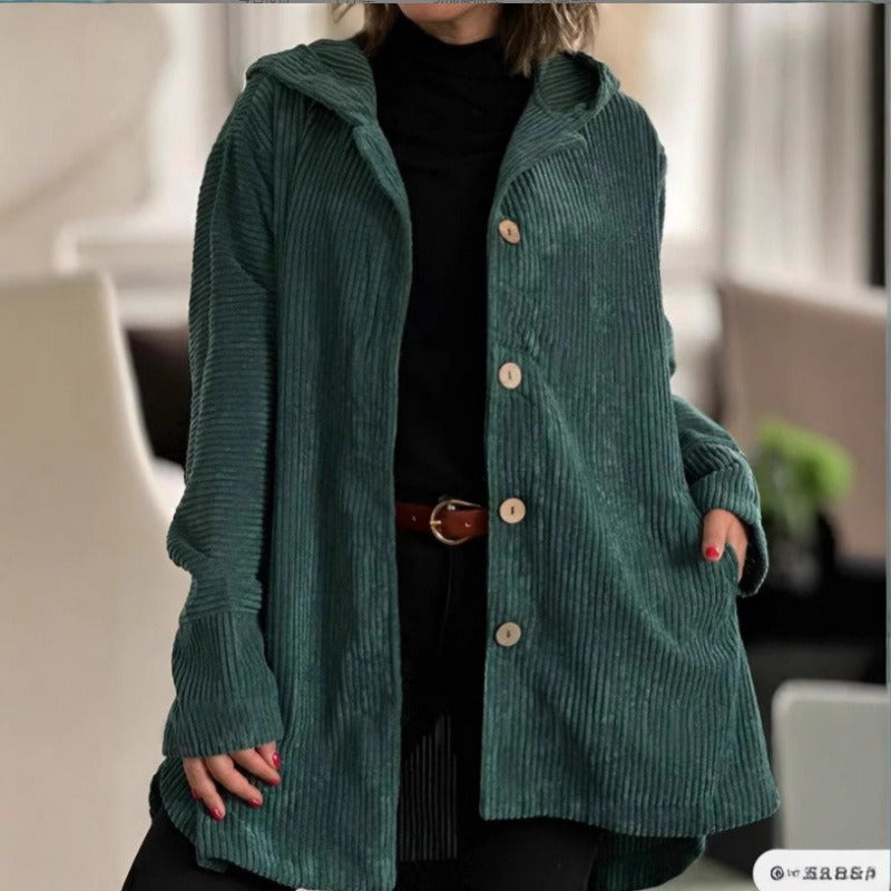 Women’s Casual Jacket – Corduroy Textured – Loose Fit – Hooded Mid-Thigh Length