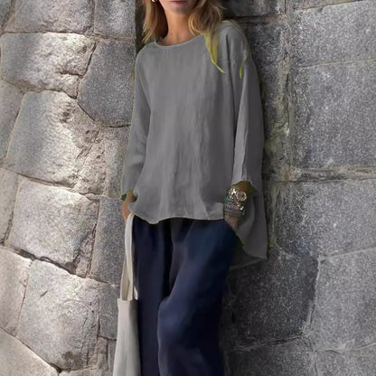 Women’s Casual Top - Cotton Linen - Relaxed Fit - Boat Neck - Asymmetrical Hem