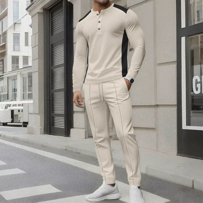 Men’s Two-Piece Set – Slim Fit Waffle Knit – Henley Shirt and Tapered Pants