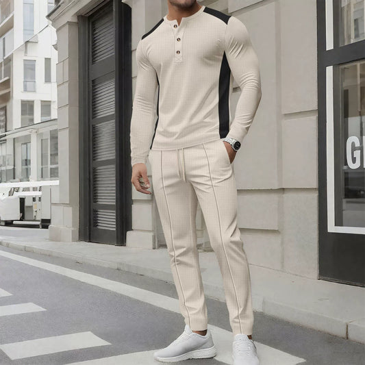 Men’s Two-Piece Set – Slim Fit Waffle Knit – Henley Shirt and Tapered Pants