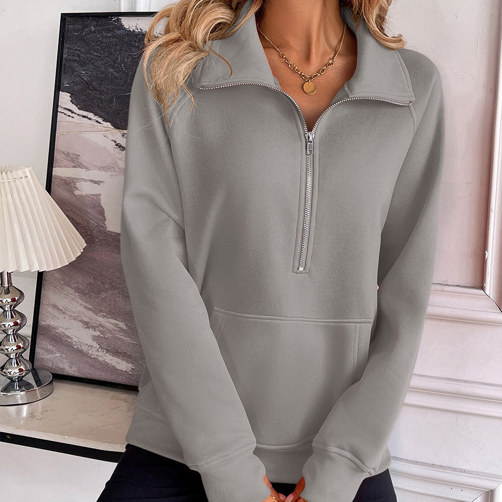 Women’s Sweatshirt – Relaxed Fit – Cotton Blend – Half Zip High Collar – Kangaroo Pocket