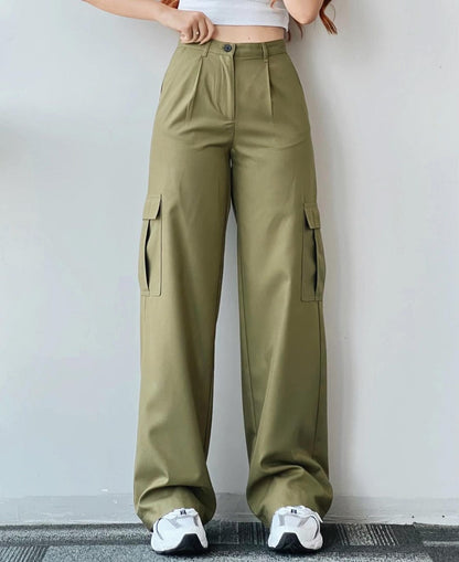 Women’s Cargo Pants – High Waist – Relaxed Fit – Straight Leg Cotton – Full Length