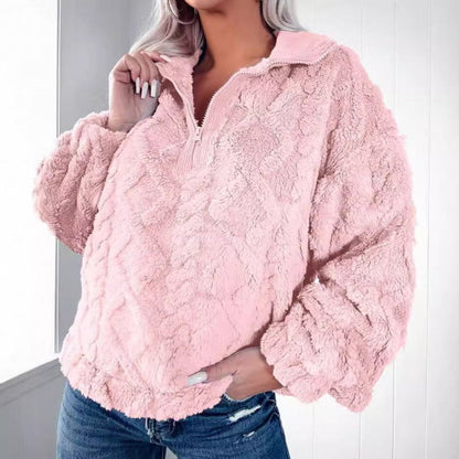 Women’s Pullover Sweatshirt – Plush Fleece – Oversized Fit – Half Zip Stand Collar