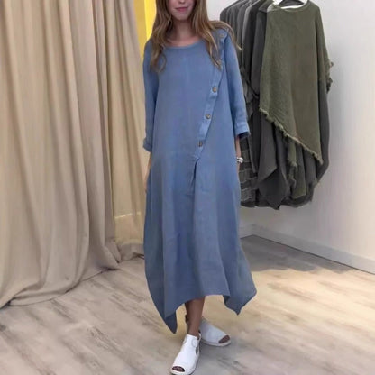 Women’s Maxi Dress - Cotton Blend - 3/4 Sleeve - Round Neck - Asymmetrical Hem