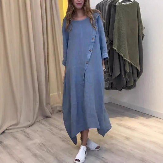 Women’s Maxi Dress - Cotton Blend - 3/4 Sleeve - Round Neck - Asymmetrical Hem