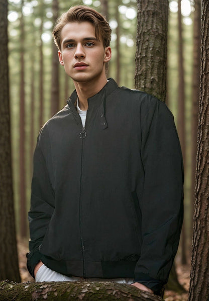 Men’s Bomber Jacket – Relaxed Fit – Lightweight – Smooth Texture – Zipper Closure – Stand Collar