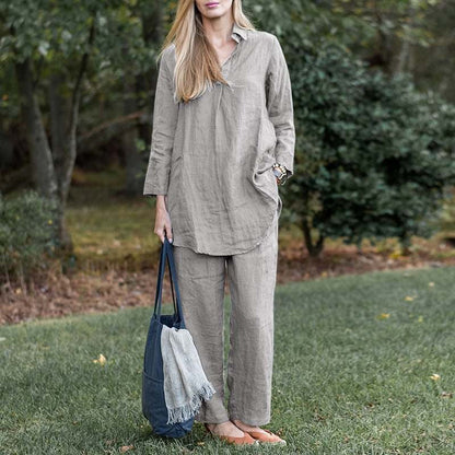 Women’s Matching Set – Relaxed Fit Shirt and Pants – Linen Blend – High Waist Wide Leg