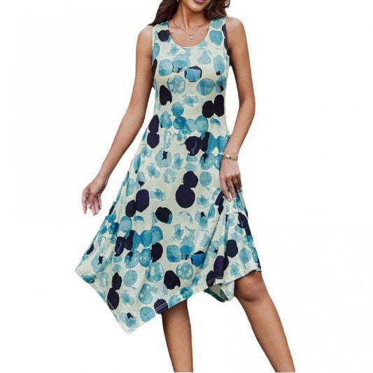 Women’s Midi Dress – Cotton Blend – A-Line Fit – Sleeveless – Abstract Print Hem