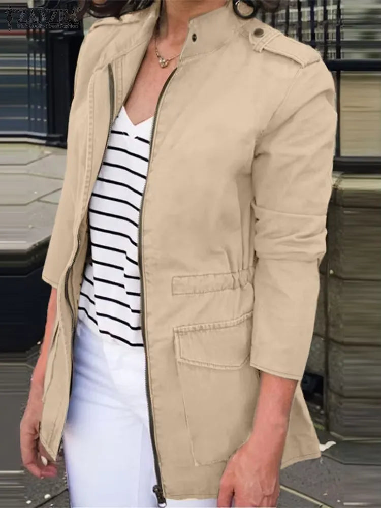 Women’s Cargo Jacket – Cotton – Relaxed Fit – Zip Front – Stand Collar – Flap Pockets