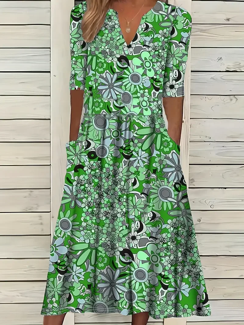Women’s Maxi Dress – Fit and Flare – V-Neck – Short Sleeve – Floral Print – Breathable Blend