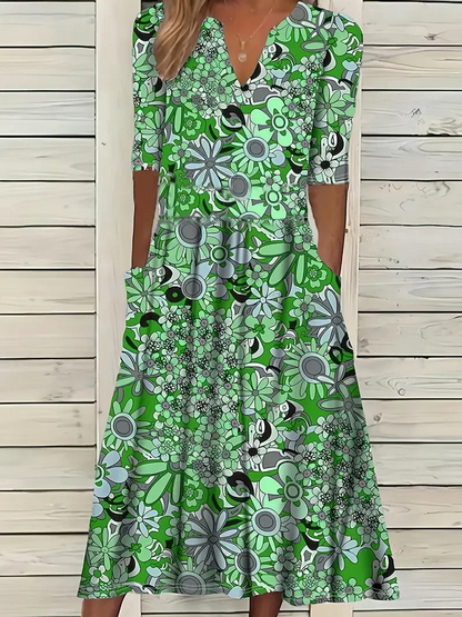 Women’s Maxi Dress – Fit and Flare – V-Neck – Short Sleeve – Floral Print – Breathable Blend