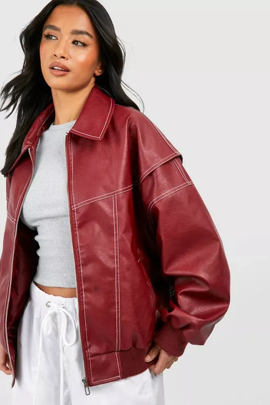 Women’s Leather Jacket – Oversized Fit – Zip Front – Ribbed Cuffs – Hip Length