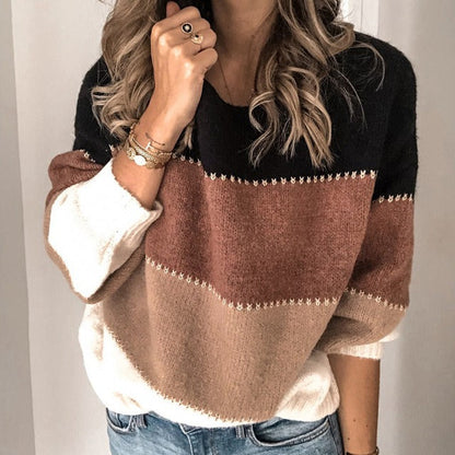 Women’s Pullover Sweater – Relaxed Fit – Wool Blend Knit – Long Sleeve Striped Design