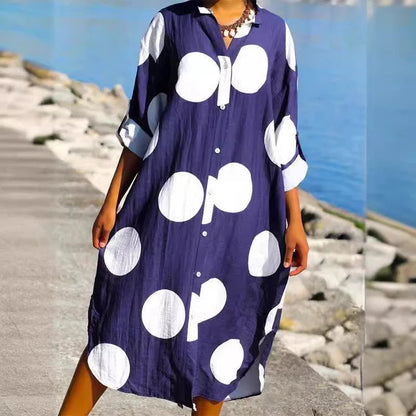 Women’s Shirt Dress – Oversized Fit – Cotton Feel – Button Down – Polka Dot – Midi Length