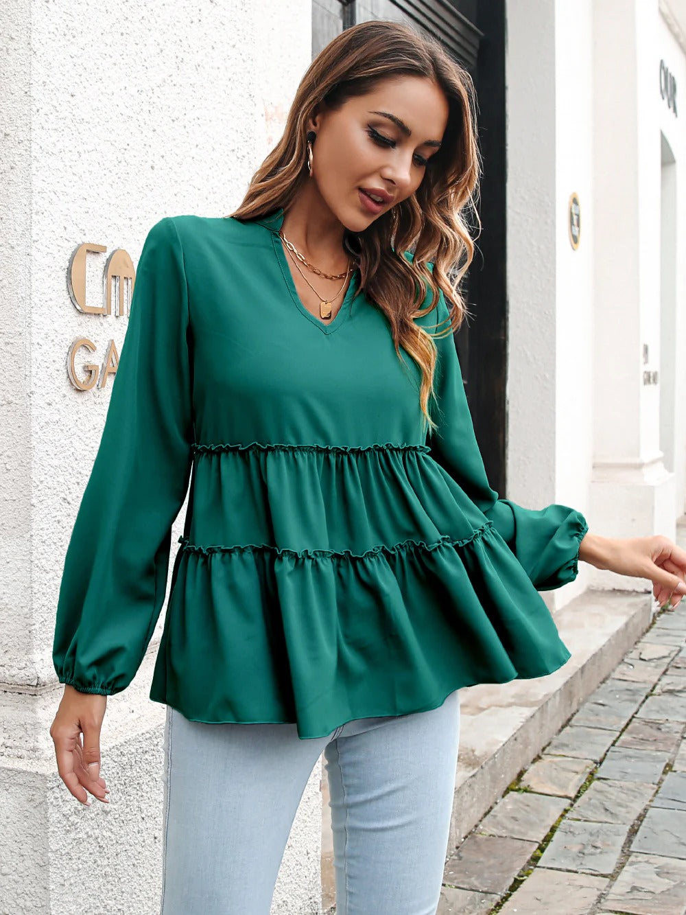 Women's Blouse - Woven - Relaxed Flowing Silhouette - V-Neck - Flounce Tier Detail
