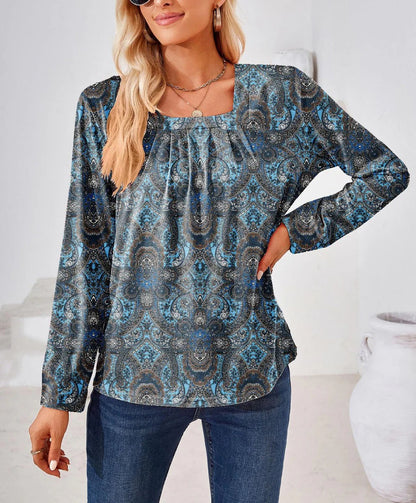 Women’s Blouse – Relaxed Fit – Long Sleeve – Square Neck – Cotton – Paisley Print