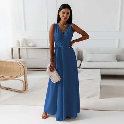 Women’s Maxi Dress – Luxury Fabric – V-Neck – Sleeveless – Tie Waist Elegant Fit