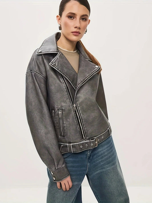 Women’s Leather Jacket – Oversized Fit – Biker Style – Belted Waist – Silver Zips