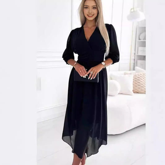 Women’s Maxi Dress – V-Neck – Long Sleeve – Fitted Waist – Flowing Silhouette