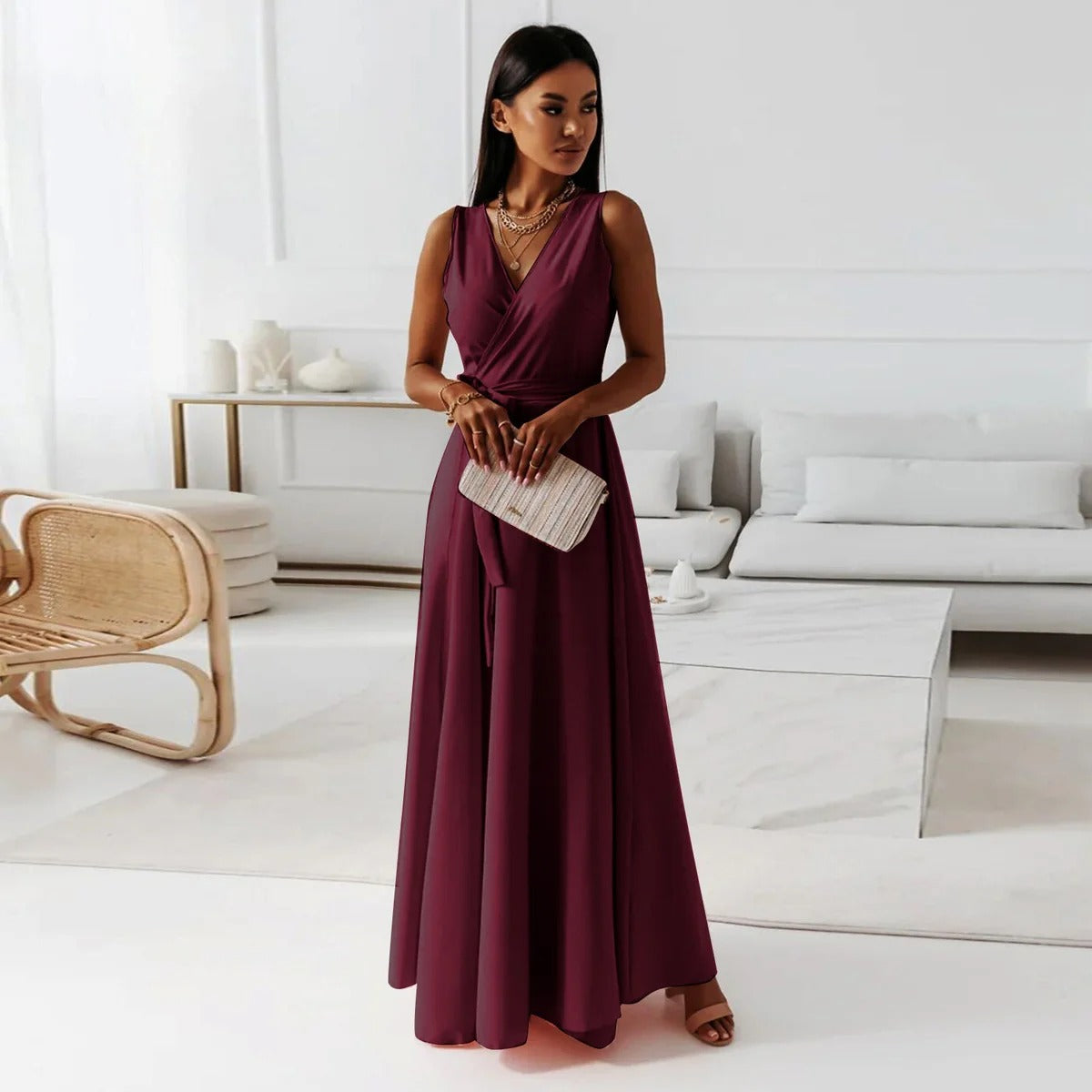 Women’s Maxi Dress – Luxury Fabric – V-Neck – Sleeveless – Tie Waist Elegant Fit