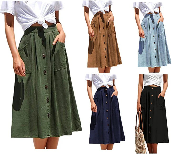 Women's Midi Skirt - A-Line Silhouette - Front Buttons - Side Pockets