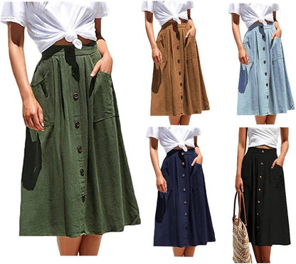 Women's Midi Skirt - A-Line Silhouette - Front Buttons - Side Pockets