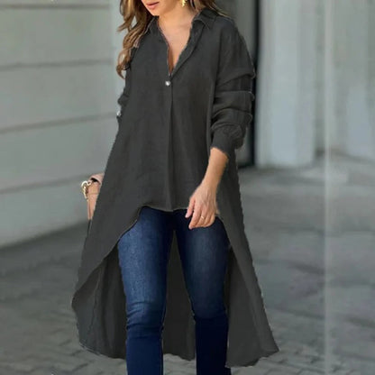 Women’s Blouse – Relaxed Fit – Cotton Blend – Long Sleeve – High-Low Hem – Collar Detail