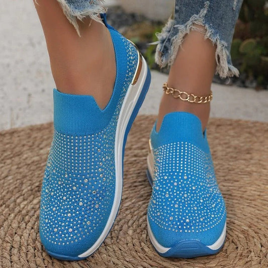 Women’s Slip-On Sneakers – Knit Upper – Glitter Detail – Cushioned Sole – Low Top