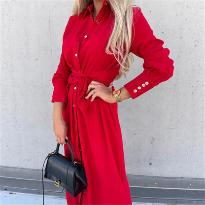 Women’s Shirtdress – Tailored Fit – Button-Down Front – Waist Tie – Midi Length