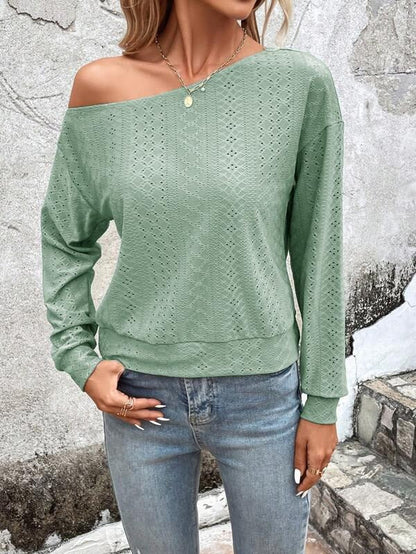 Women’s Sweater - Knit - Relaxed Fit - Asymmetric Neck - Eyelet Pattern