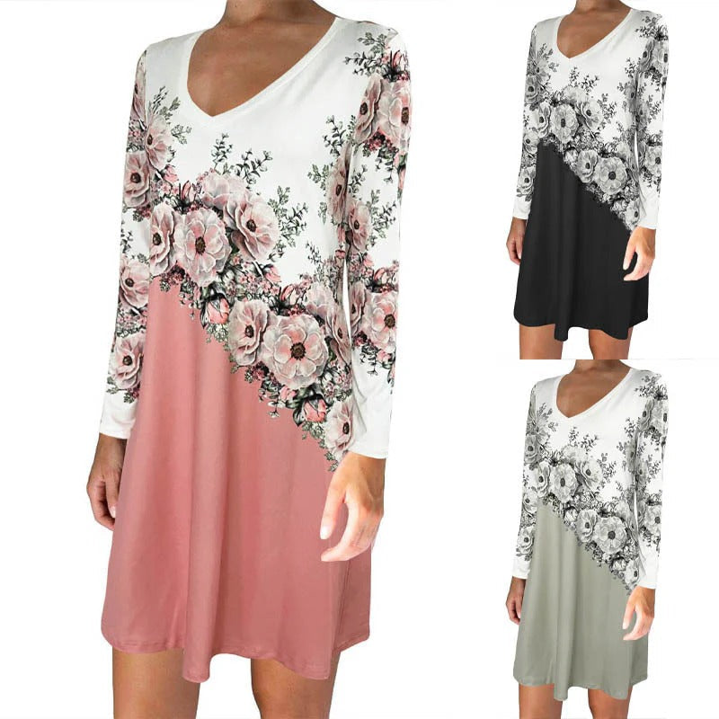 Women's Midi Dress - Relaxed Fit - V-Neck - Long Sleeve - Floral Print