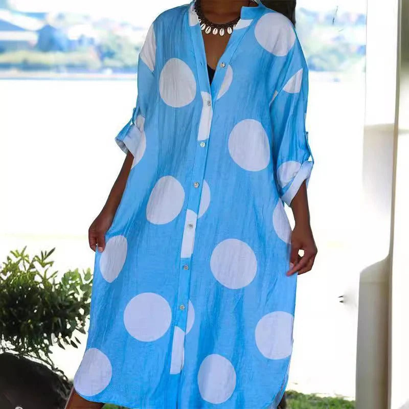 Women’s Shirt Dress – Oversized Fit – Cotton Feel – Button Down – Polka Dot – Midi Length