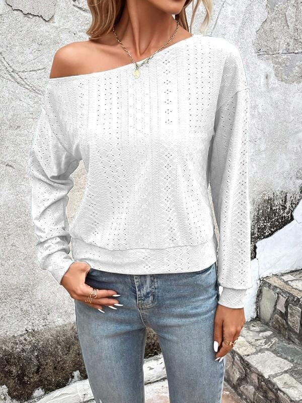 Women’s Sweater - Knit - Relaxed Fit - Asymmetric Neck - Eyelet Pattern