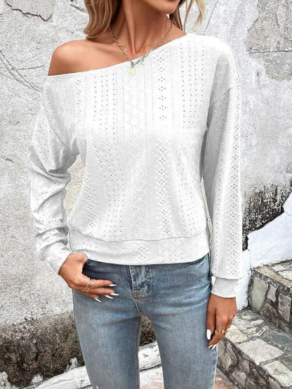 Women’s Sweater - Knit - Relaxed Fit - Asymmetric Neck - Eyelet Pattern