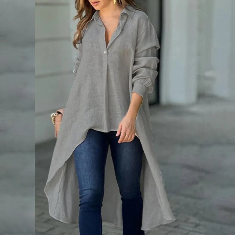 Women’s Blouse – Relaxed Fit – Cotton Blend – Long Sleeve – High-Low Hem – Collar Detail