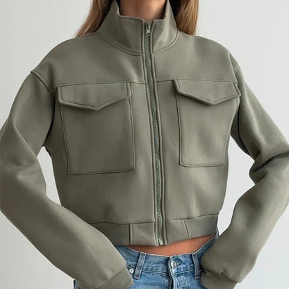 Women’s Utility Jacket – Cropped Relaxed Fit – High Collar – Cotton Blend – Zip Front
