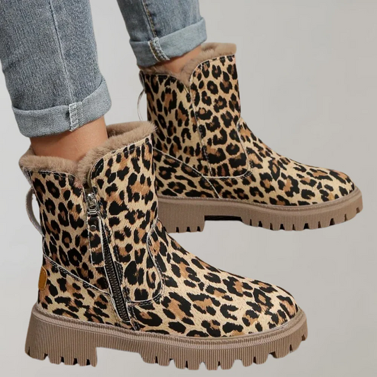 Women’s Mid-Calf Boots – Animal Print – Plush Lining – Side Zipper – Rugged Sole